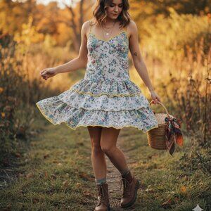 Animale Cottagecore Tiered Floral Ruffle Dress Size 42 Boho Prairie Autumn